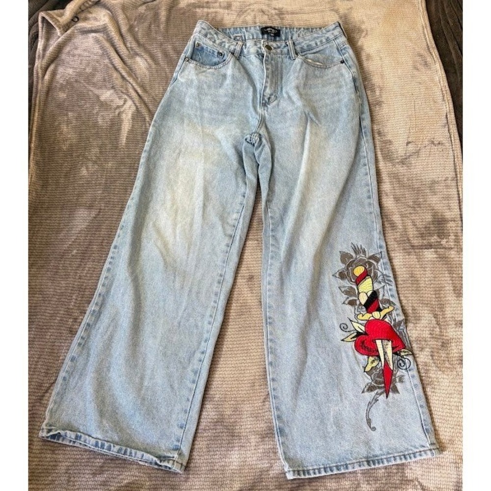 Ed Hardy Dagger Heart Embroidered Wide Leg Jeans Light Wash Size 30X30